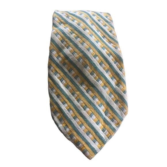 Vintage Wide Tie, Yellow Green Cream Striped Checked Woven Necktie, 1970s Tie - Picture 2 of 5